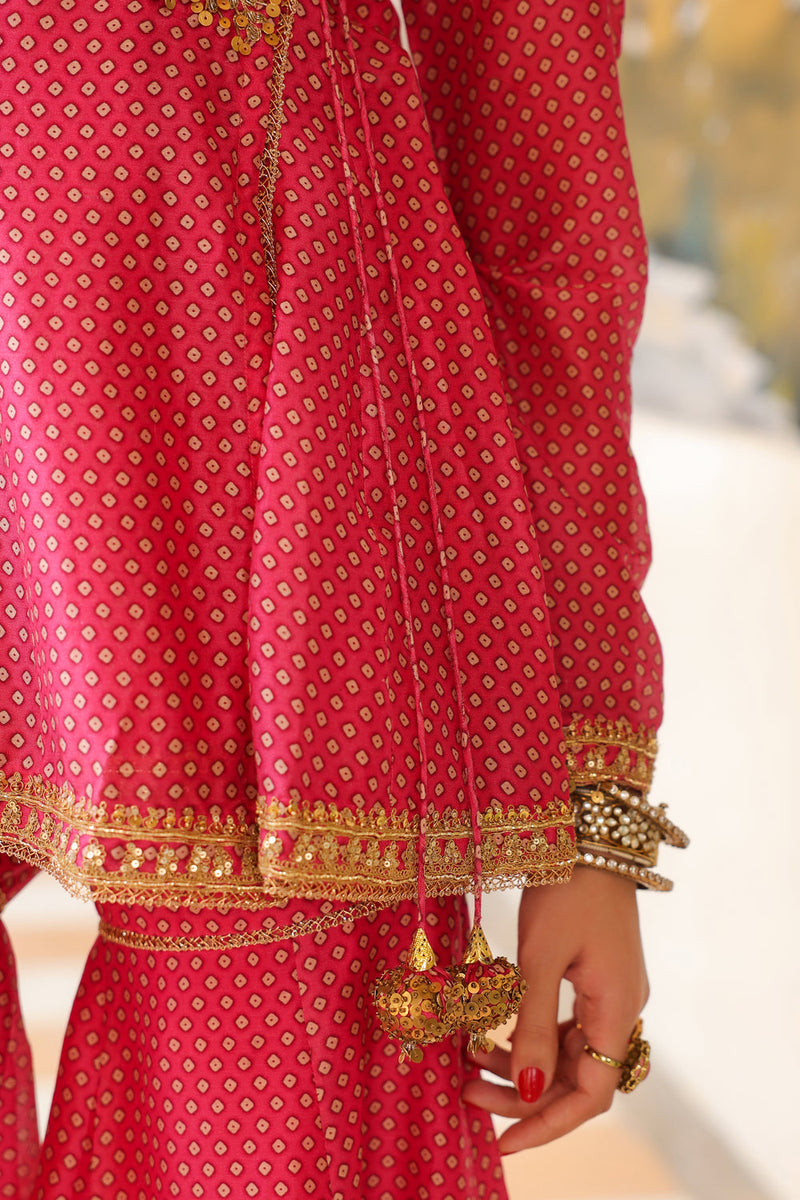 Ahista Pink Printed Angrakha Sharara Set silk chanderi kurta/kurta set by Niti Bothra in pink for women in Singapore