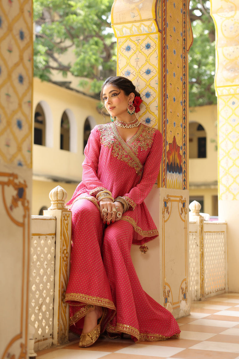 Ahista Pink Printed Angrakha Sharara Set silk chanderi kurta/kurta set by Niti Bothra in pink for women in Singapore
