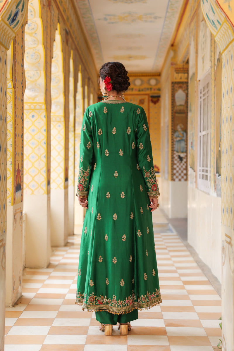 Ahista Green Jacket Anarkali Set silk tencel kurta/kurta set by Niti Bothra in green for women in Singapore