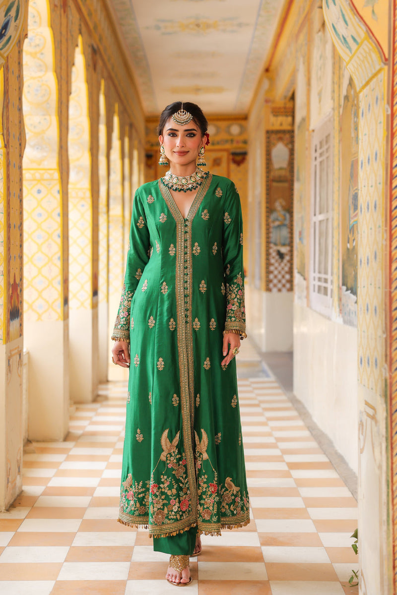 Ahista Green Jacket Anarkali Set silk tencel kurta/kurta set by Niti Bothra in green for women in Singapore