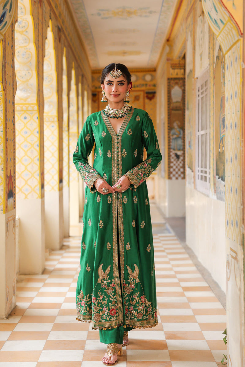 Ahista Green Jacket Anarkali Set silk tencel kurta/kurta set by Niti Bothra in green for women in Singapore