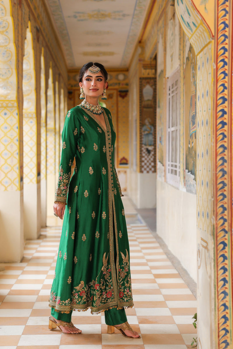 Ahista Green Jacket Anarkali Set silk tencel kurta/kurta set by Niti Bothra in green for women in Singapore