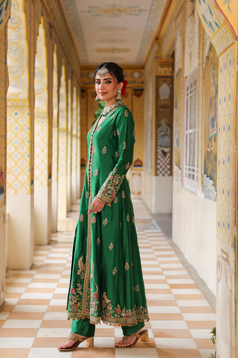 Ahista Green Jacket Anarkali Set silk tencel kurta/kurta set by Niti Bothra in green for women in Singapore