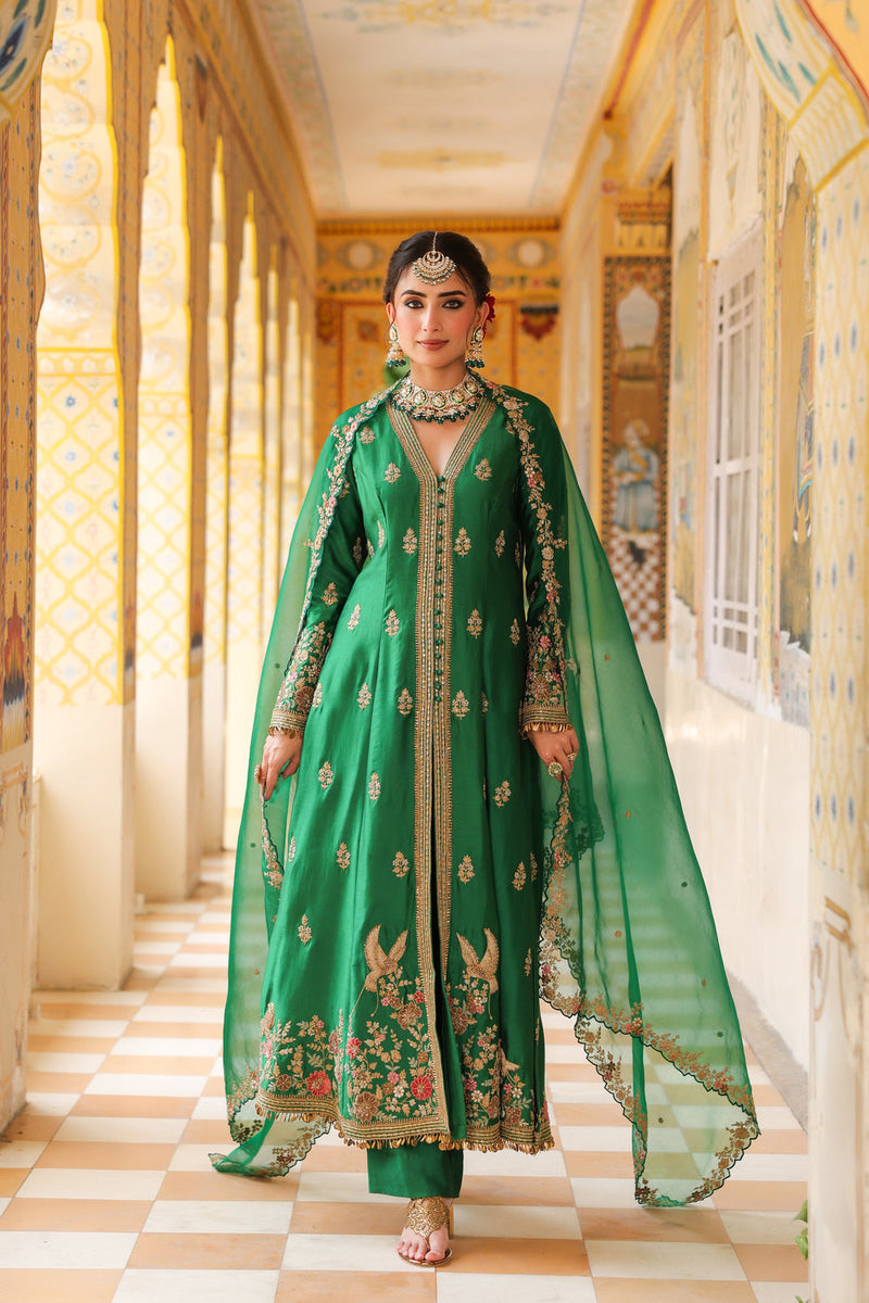 Ahista Green Jacket Anarkali Set silk tencel kurta/kurta set by Niti Bothra in green for women in Singapore