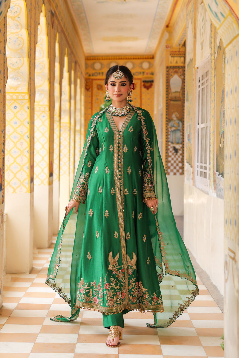 Ahista Green Jacket Anarkali Set silk tencel kurta/kurta set by Niti Bothra in green for women in Singapore
