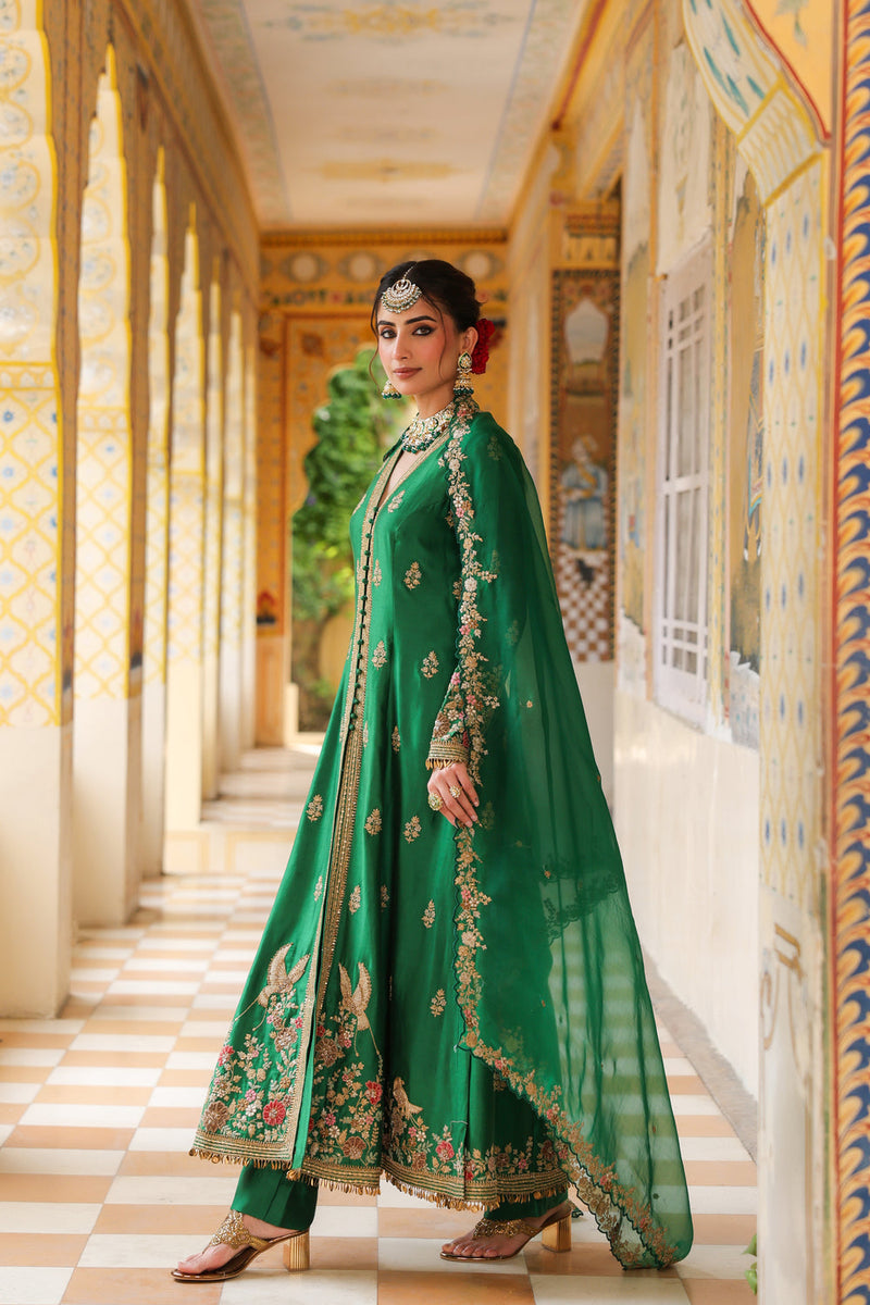 Ahista Green Jacket Anarkali Set silk tencel kurta/kurta set by Niti Bothra in green for women in Singapore