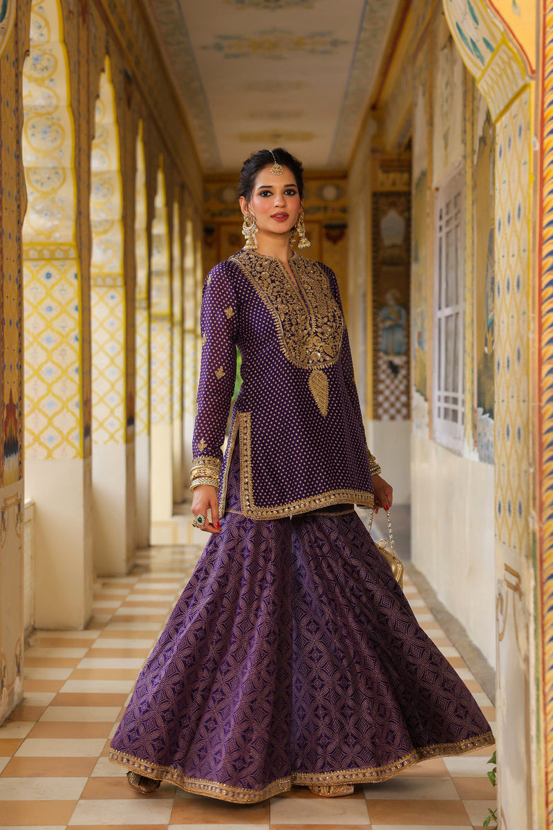 Ahista Purple Printed Sharara Set silk chanderi kurta/kurta set by Niti Bothra in purple for women in Singapore