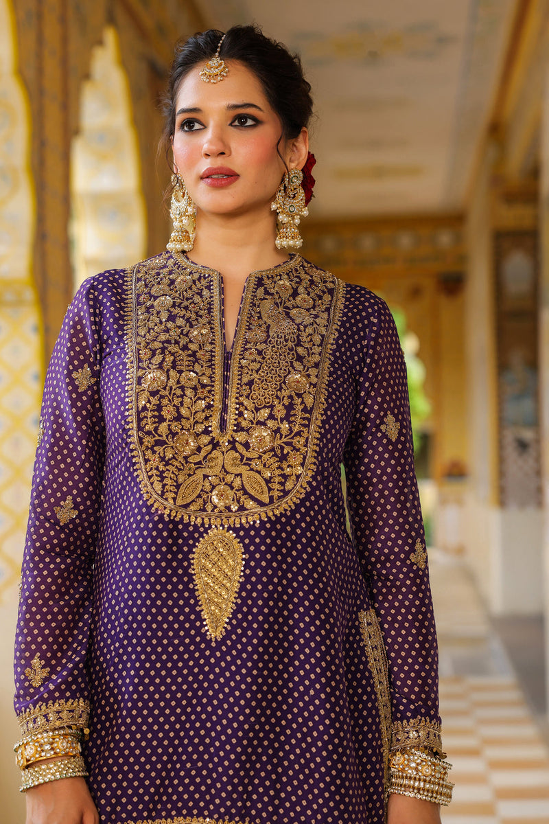 Ahista Purple Printed Sharara Set silk chanderi kurta/kurta set by Niti Bothra in purple for women in Singapore