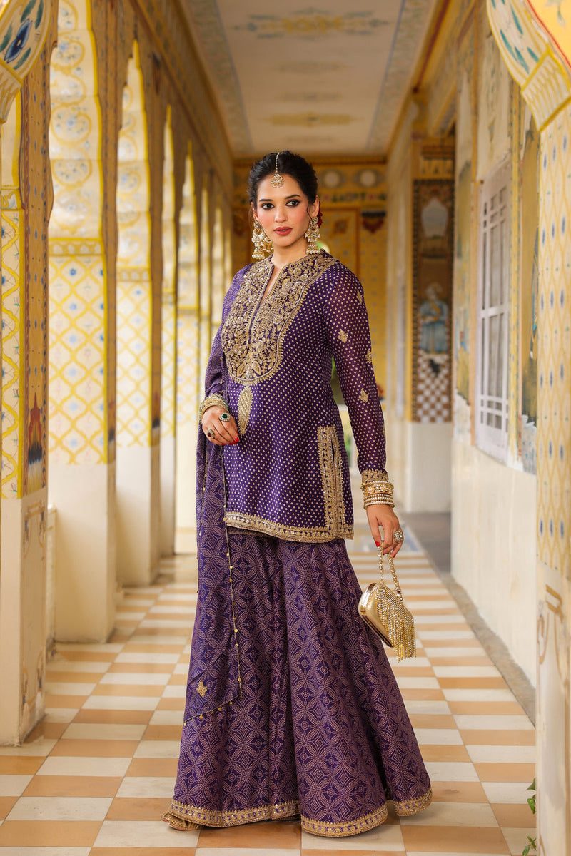 Ahista Purple Printed Sharara Set silk chanderi kurta/kurta set by Niti Bothra in purple for women in Singapore