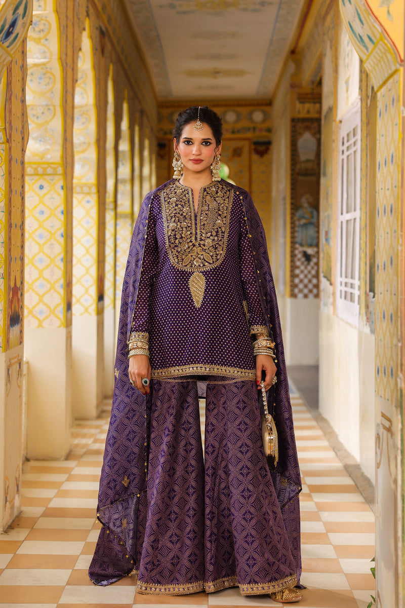 Ahista Purple Printed Sharara Set silk chanderi kurta/kurta set by Niti Bothra in purple for women in Singapore