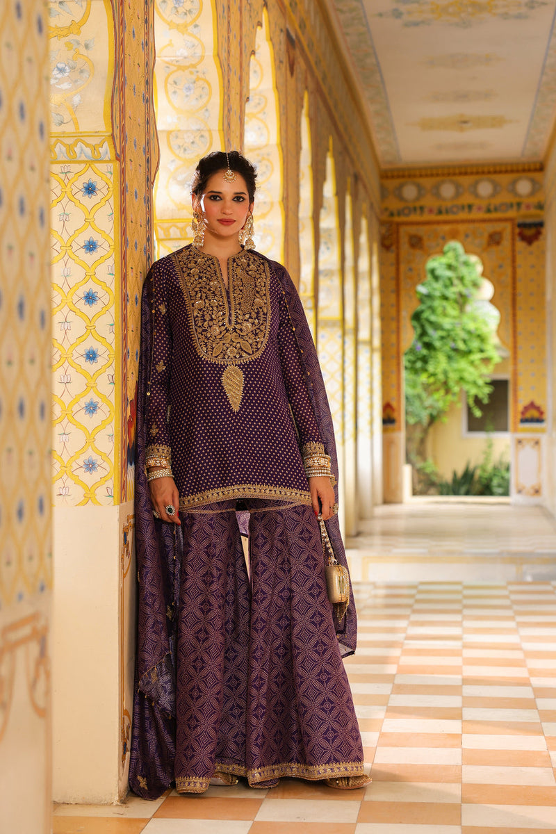 Ahista Purple Printed Sharara Set silk chanderi kurta/kurta set by Niti Bothra in purple for women in Singapore