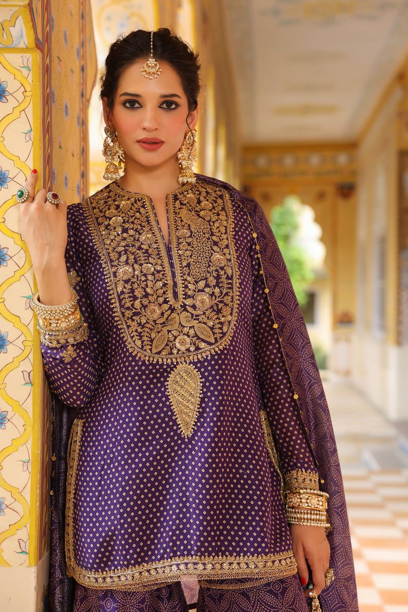 Ahista Purple Printed Sharara Set silk chanderi kurta/kurta set by Niti Bothra in purple for women in Singapore