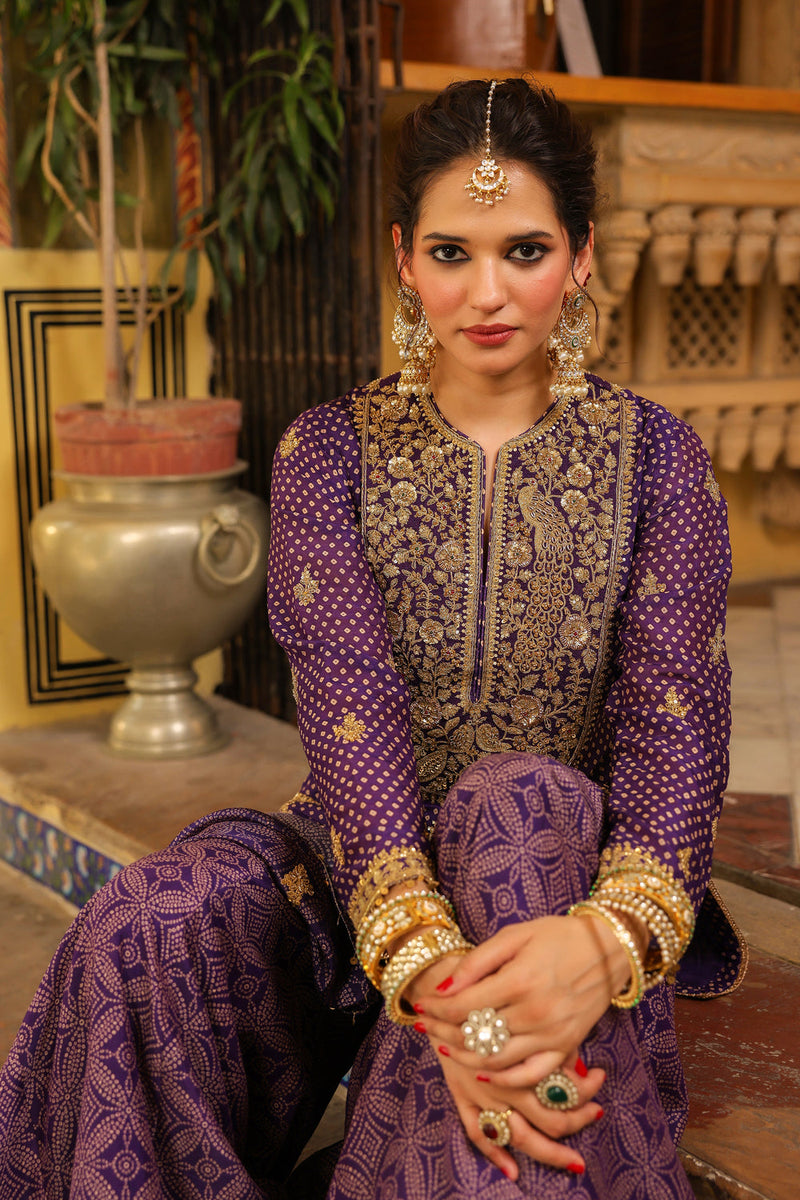 Ahista Purple Printed Sharara Set silk chanderi kurta/kurta set by Niti Bothra in purple for women in Singapore