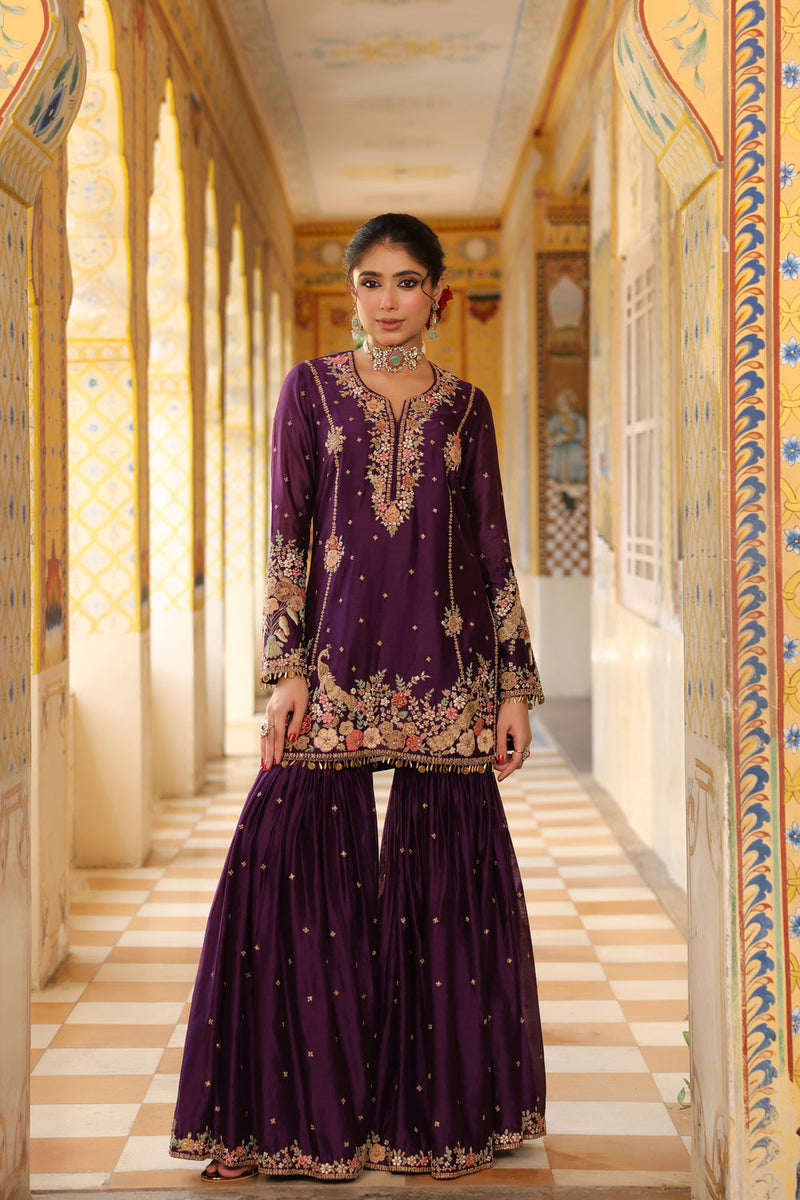 Ahista Purple Mayur Applique Heavy Sharara Set silk chanderi kurta/kurta set by Niti Bothra in purple for women in Singapore