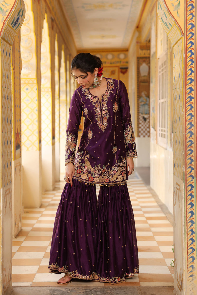 Ahista Purple Mayur Applique Heavy Sharara Set silk chanderi kurta/kurta set by Niti Bothra in purple for women in Singapore