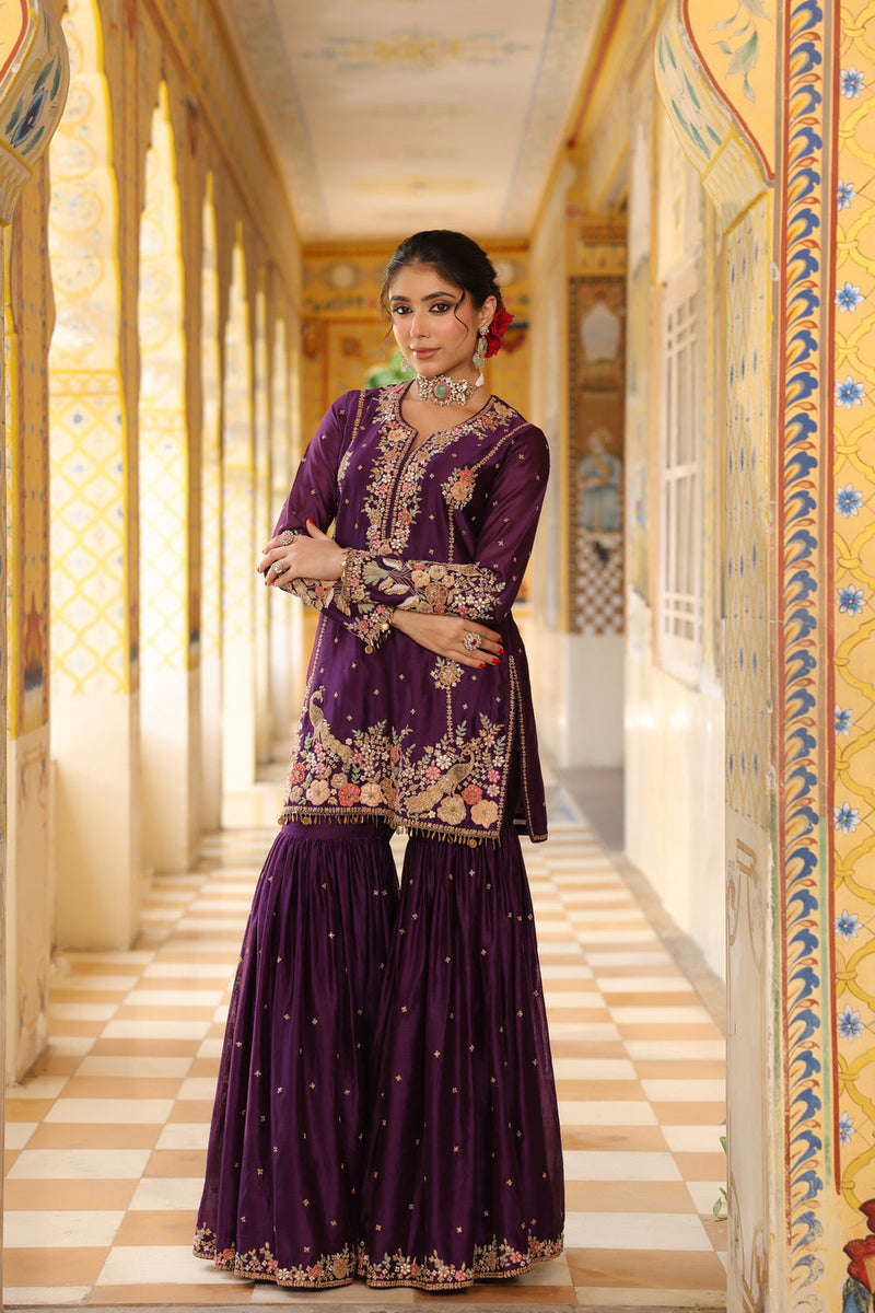 Ahista Purple Mayur Applique Heavy Sharara Set silk chanderi kurta/kurta set by Niti Bothra in purple for women in Singapore