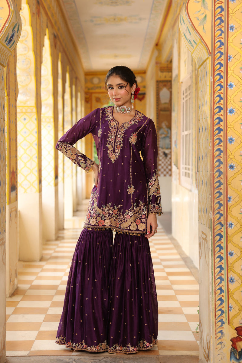 Ahista Purple Mayur Applique Heavy Sharara Set silk chanderi kurta/kurta set by Niti Bothra in purple for women in Singapore