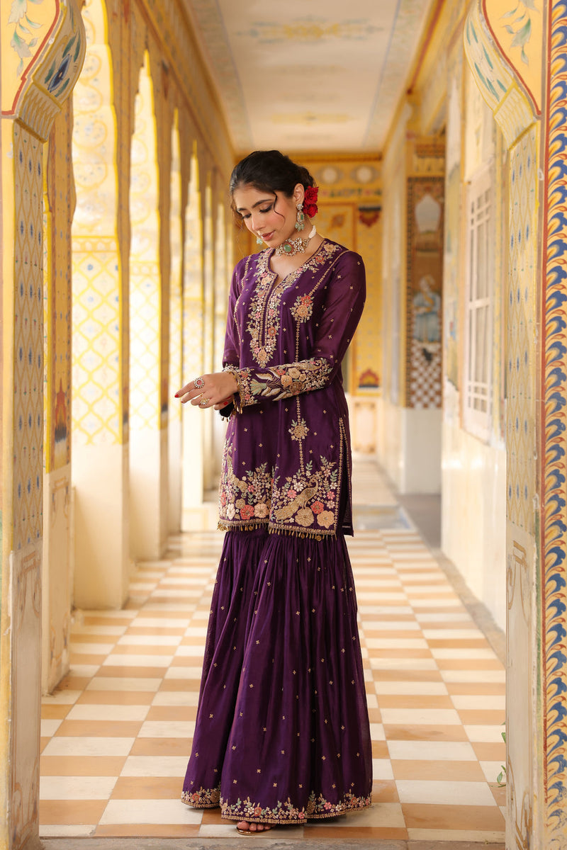Ahista Purple Mayur Applique Heavy Sharara Set silk chanderi kurta/kurta set by Niti Bothra in purple for women in Singapore