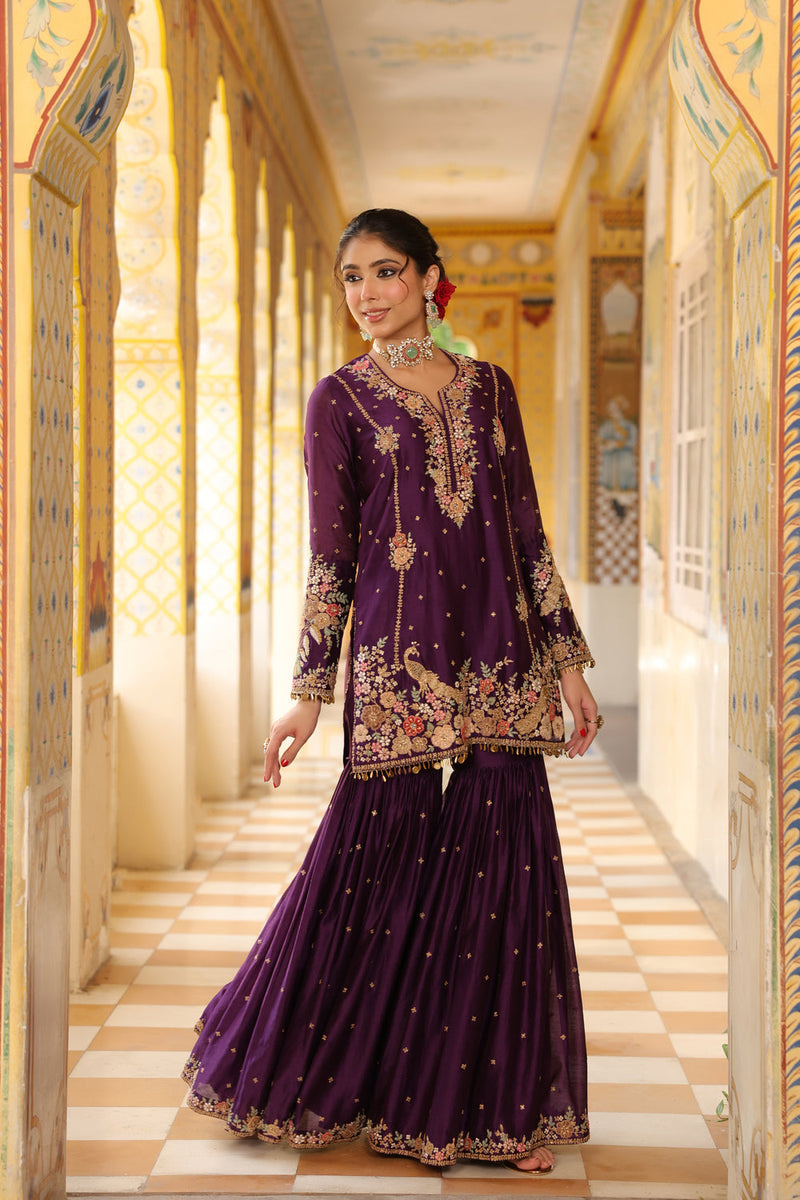 Ahista Purple Mayur Applique Heavy Sharara Set silk chanderi kurta/kurta set by Niti Bothra in purple for women in Singapore
