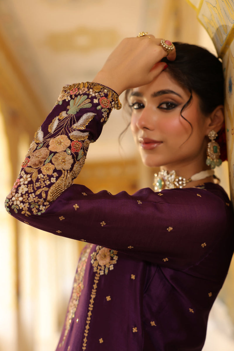 Ahista Purple Mayur Applique Heavy Sharara Set silk chanderi kurta/kurta set by Niti Bothra in purple for women in Singapore