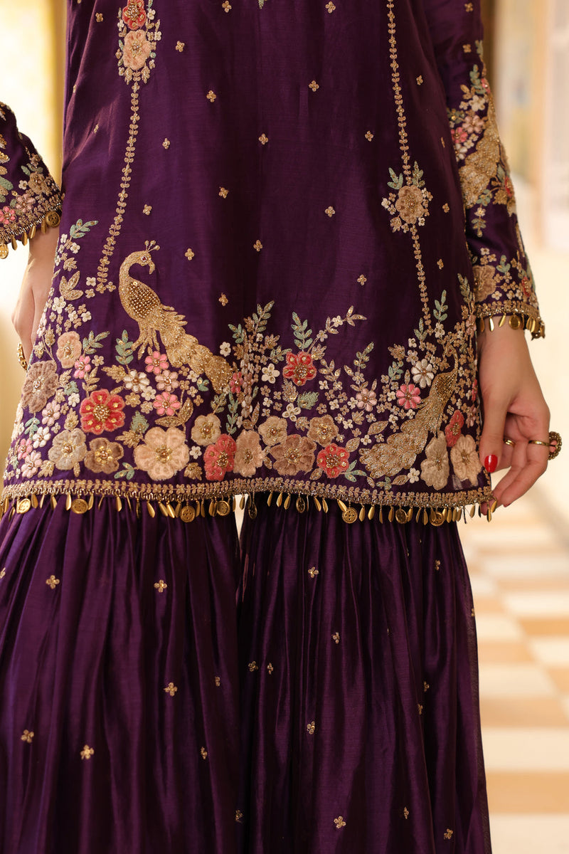Ahista Purple Mayur Applique Heavy Sharara Set silk chanderi kurta/kurta set by Niti Bothra in purple for women in Singapore
