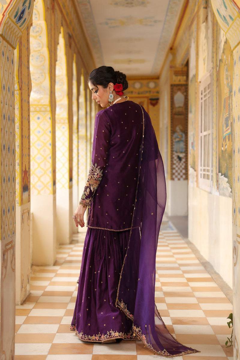 Ahista Purple Mayur Applique Heavy Sharara Set silk chanderi kurta/kurta set by Niti Bothra in purple for women in Singapore