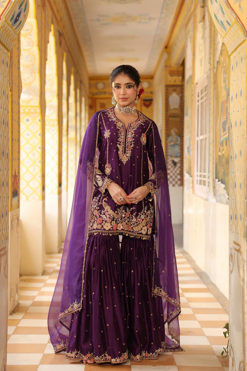 Ahista Purple Mayur Applique Heavy Sharara Set silk chanderi kurta/kurta set by Niti Bothra in purple for women in Singapore