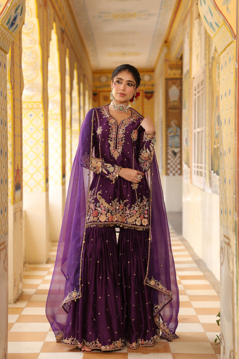 Ahista Purple Mayur Applique Heavy Sharara Set silk chanderi kurta/kurta set by Niti Bothra in purple for women in Singapore