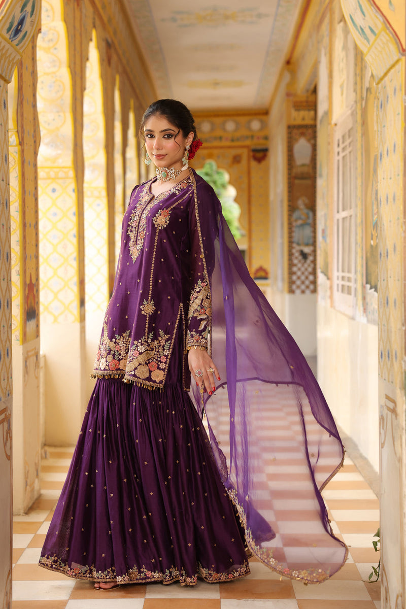 Ahista Purple Mayur Applique Heavy Sharara Set silk chanderi kurta/kurta set by Niti Bothra in purple for women in Singapore