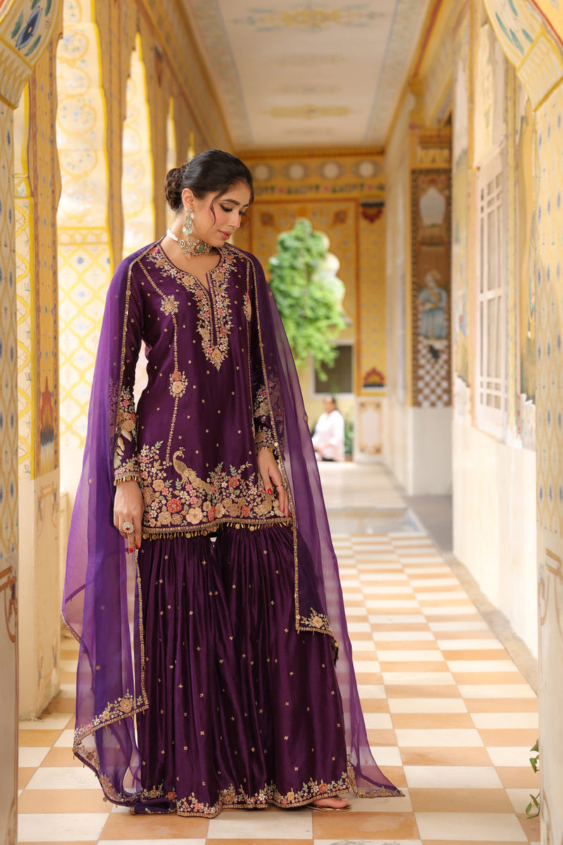 Ahista Purple Mayur Applique Heavy Sharara Set silk chanderi kurta/kurta set by Niti Bothra in purple for women in Singapore