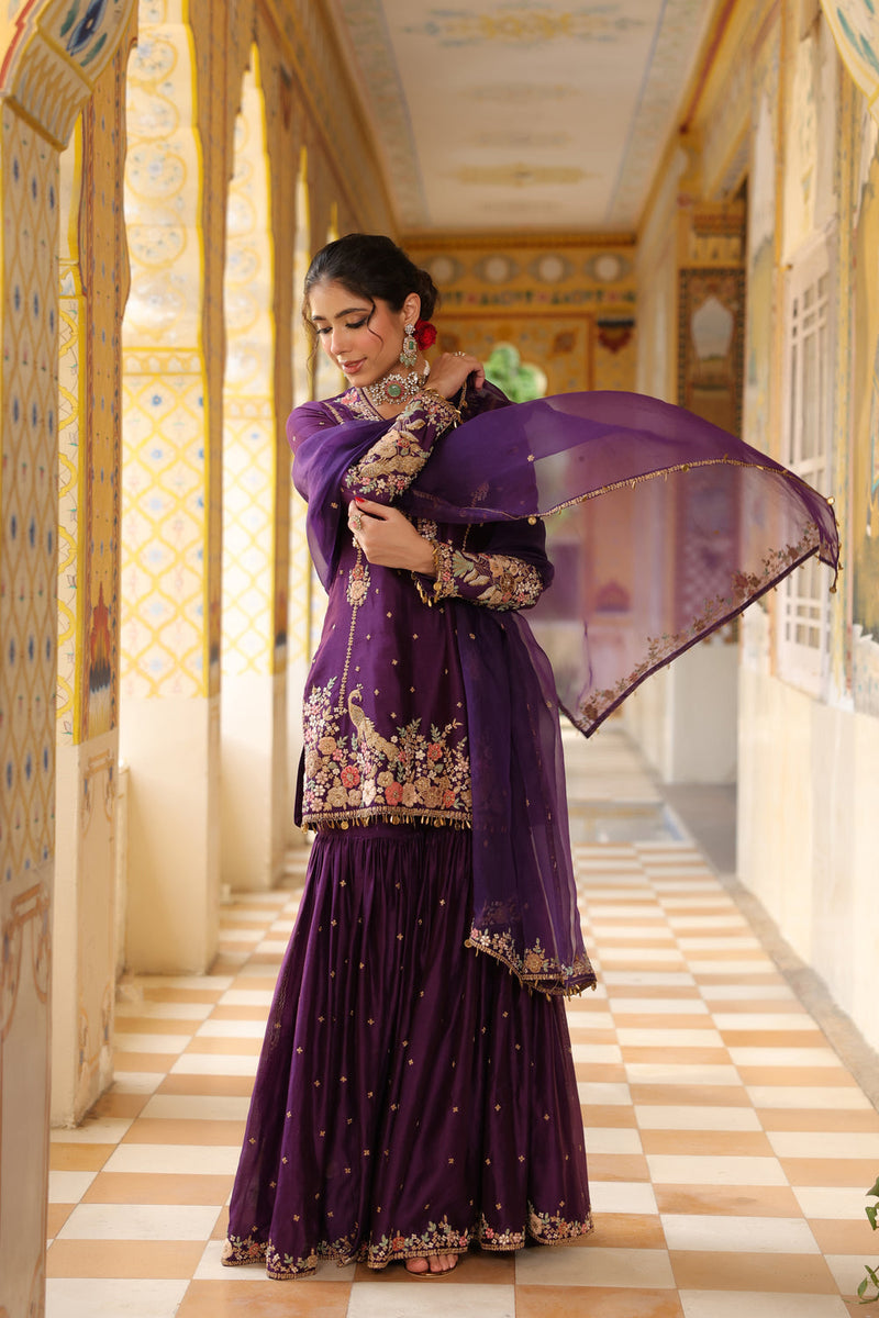 Ahista Purple Mayur Applique Heavy Sharara Set silk chanderi kurta/kurta set by Niti Bothra in purple for women in Singapore