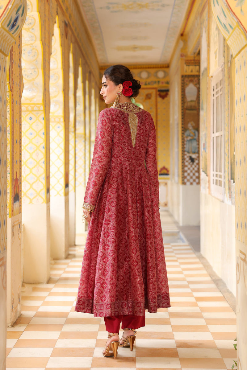 Ahista Maroon Printed Kalidar Set silk chanderi kurta/kurta set by Niti Bothra in maroon for women in Singapore