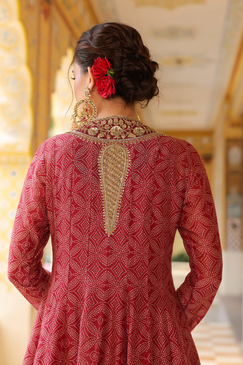 Ahista Maroon Printed Kalidar Set silk chanderi kurta/kurta set by Niti Bothra in maroon for women in Singapore