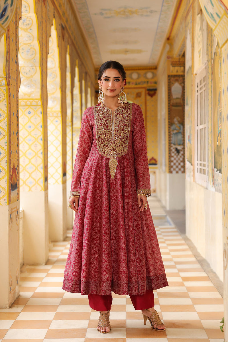 Ahista Maroon Printed Kalidar Set silk chanderi kurta/kurta set by Niti Bothra in maroon for women in Singapore