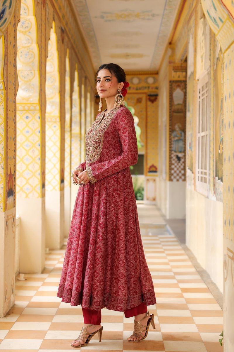 Ahista Maroon Printed Kalidar Set silk chanderi kurta/kurta set by Niti Bothra in maroon for women in Singapore