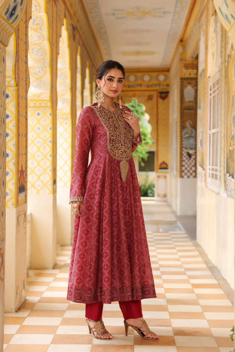 Ahista Maroon Printed Kalidar Set silk chanderi kurta/kurta set by Niti Bothra in maroon for women in Singapore