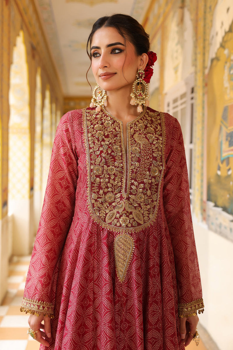 Ahista Maroon Printed Kalidar Set silk chanderi kurta/kurta set by Niti Bothra in maroon for women in Singapore