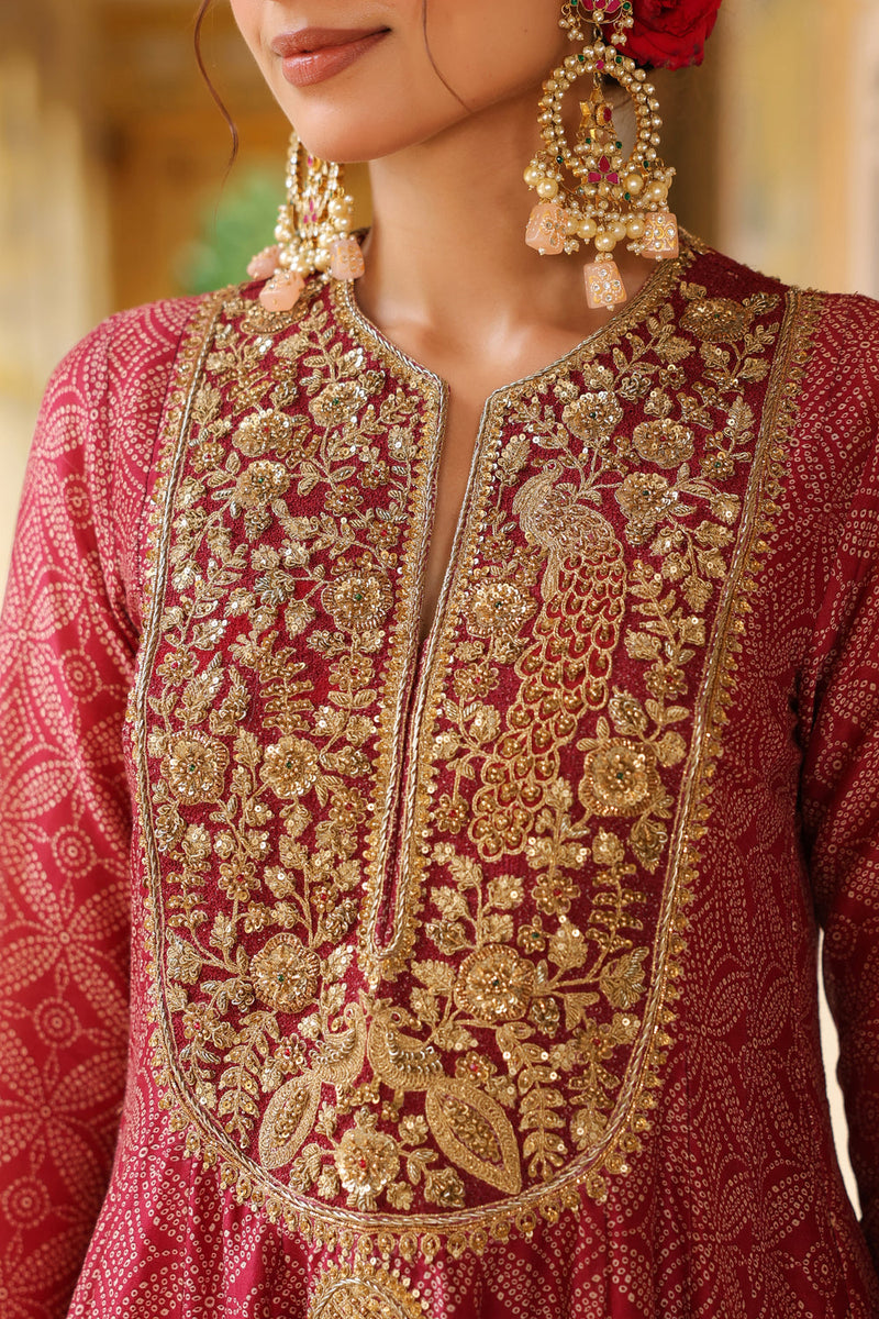 Ahista Maroon Printed Kalidar Set silk chanderi kurta/kurta set by Niti Bothra in maroon for women in Singapore