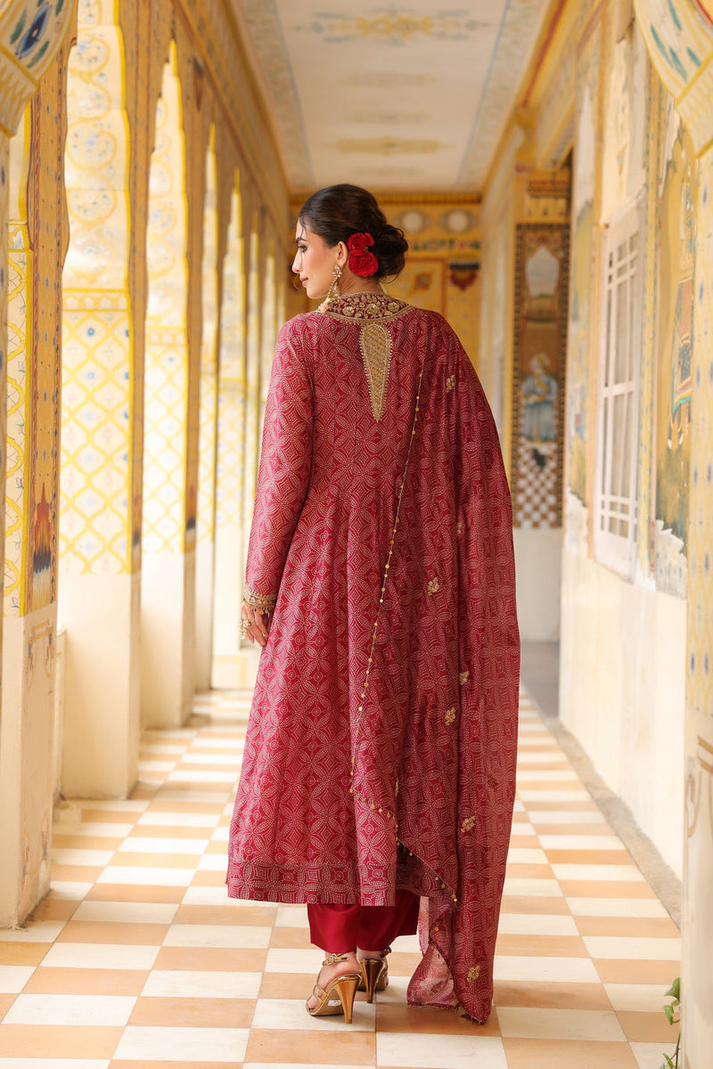 Ahista Maroon Printed Kalidar Set silk chanderi kurta/kurta set by Niti Bothra in maroon for women in Singapore