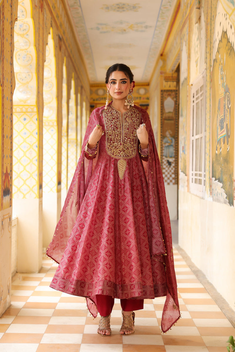 Ahista Maroon Printed Kalidar Set silk chanderi kurta/kurta set by Niti Bothra in maroon for women in Singapore