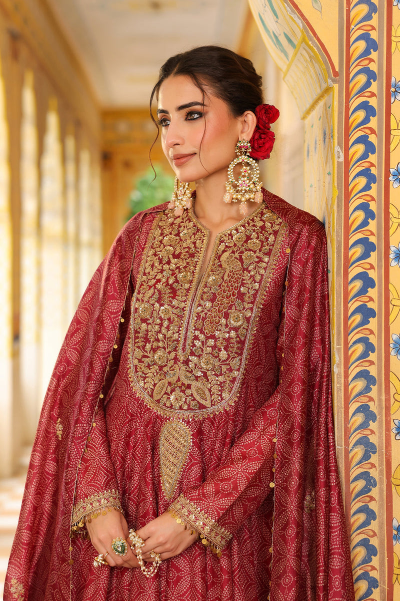 Ahista Maroon Printed Kalidar Set silk chanderi kurta/kurta set by Niti Bothra in maroon for women in Singapore