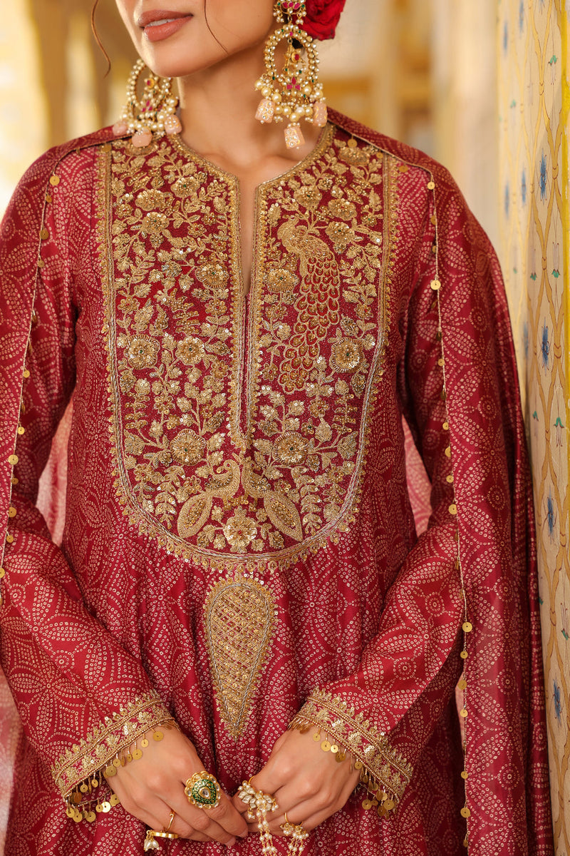 Ahista Maroon Printed Kalidar Set silk chanderi kurta/kurta set by Niti Bothra in maroon for women in Singapore