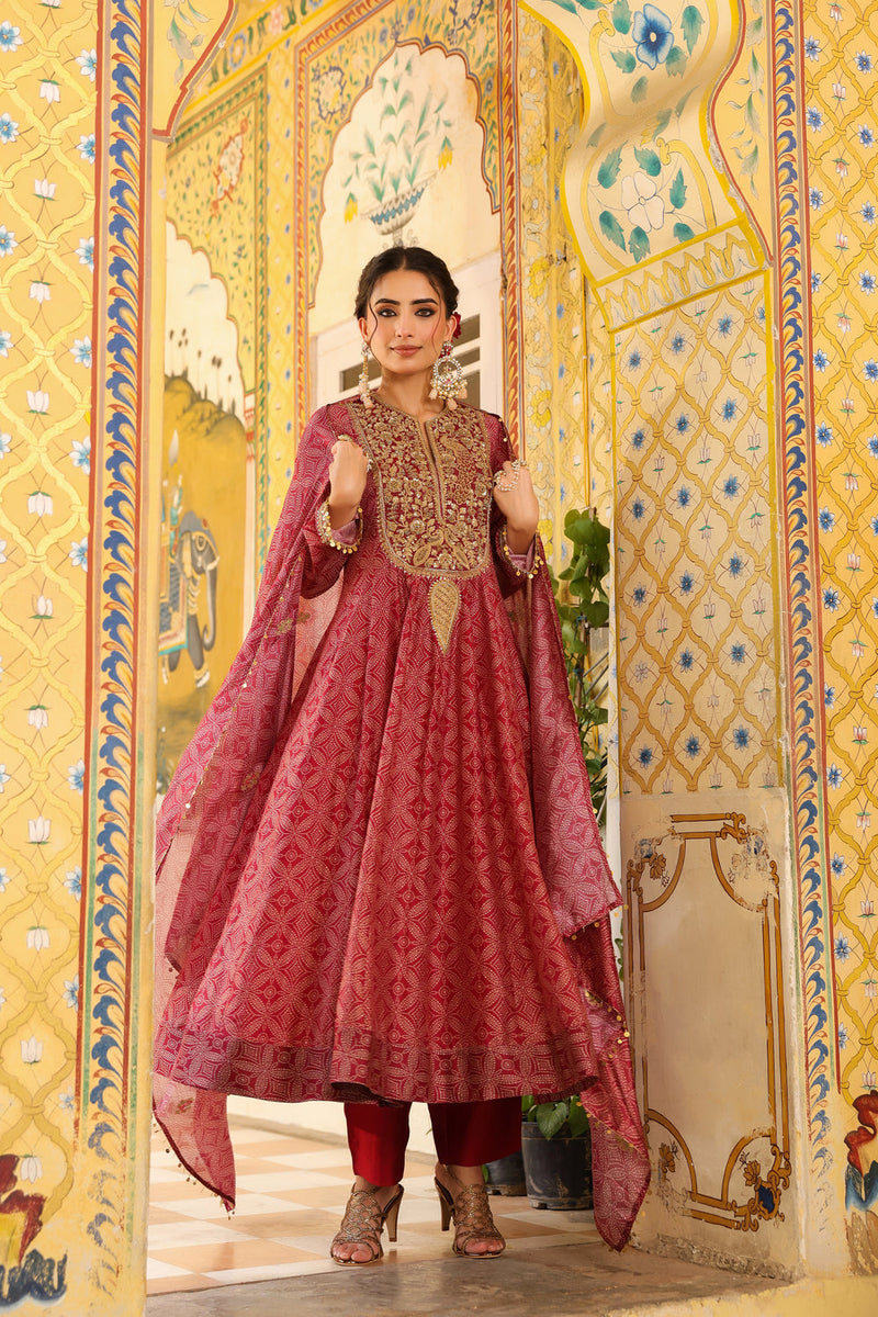 Ahista Maroon Printed Kalidar Set silk chanderi kurta/kurta set by Niti Bothra in maroon for women in Singapore