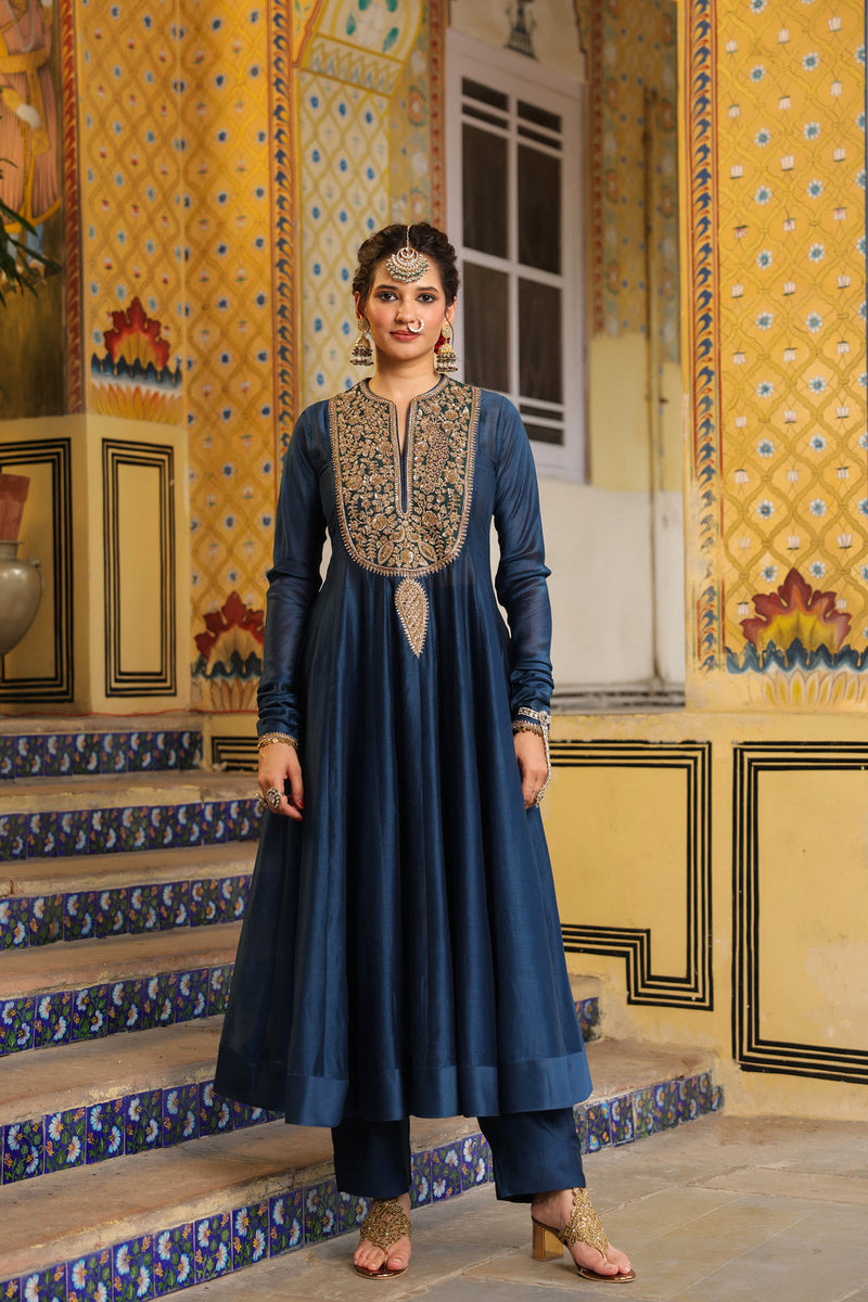 Ahista Blue Kalidaar Set silk chanderi kurta/kurta set by Niti Bothra in blue for women in Singapore