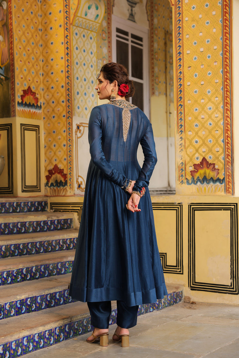 Ahista Blue Kalidaar Set silk chanderi kurta/kurta set by Niti Bothra in blue for women in Singapore
