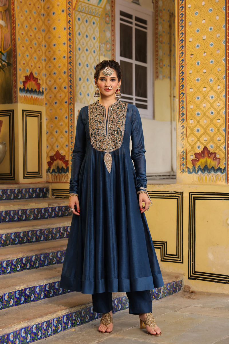 Ahista Blue Kalidaar Set silk chanderi kurta/kurta set by Niti Bothra in blue for women in Singapore