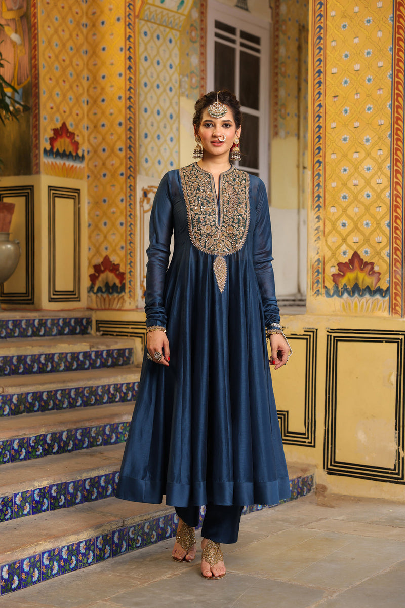 Ahista Blue Kalidaar Set silk chanderi kurta/kurta set by Niti Bothra in blue for women in Singapore