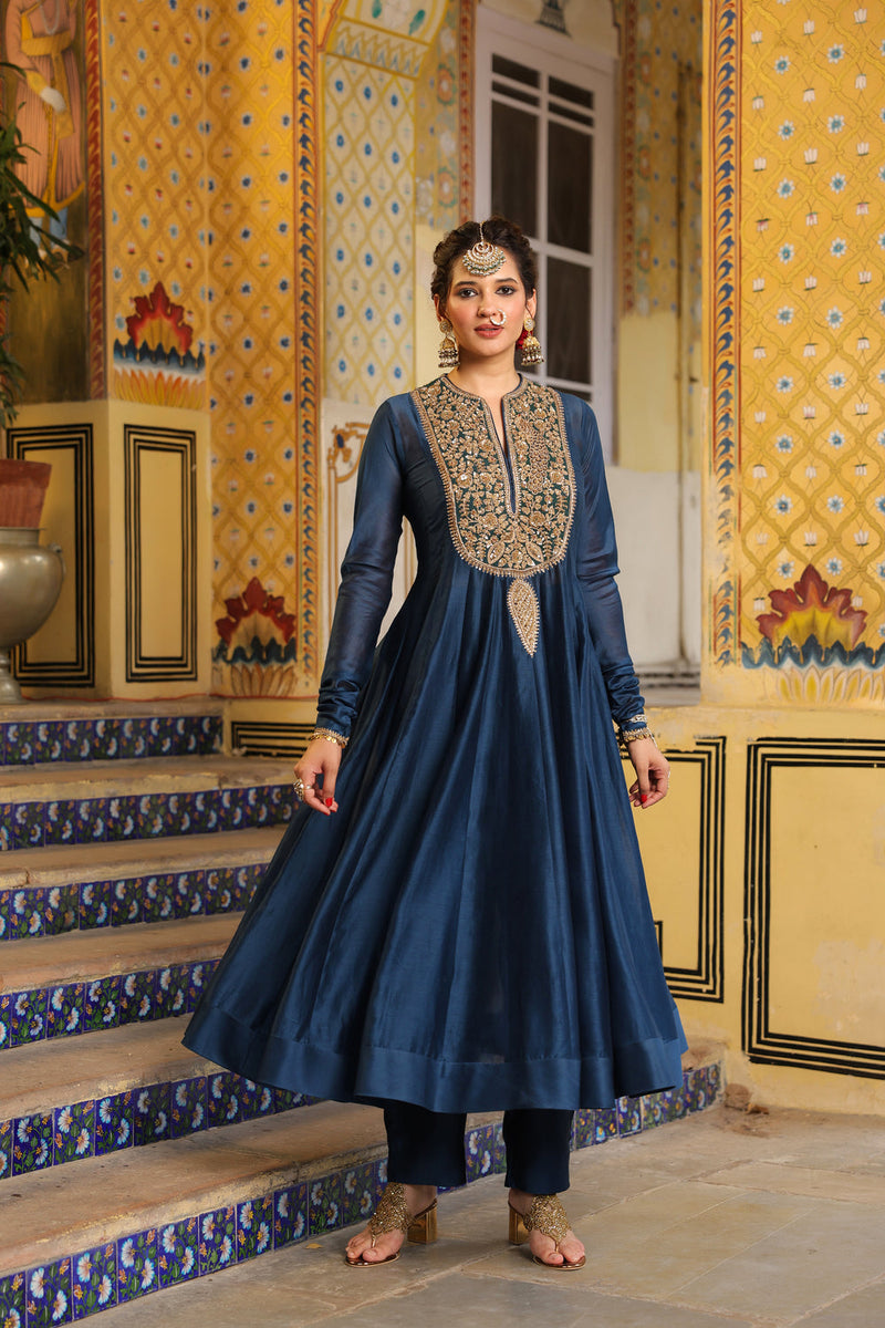 Ahista Blue Kalidaar Set silk chanderi kurta/kurta set by Niti Bothra in blue for women in Singapore