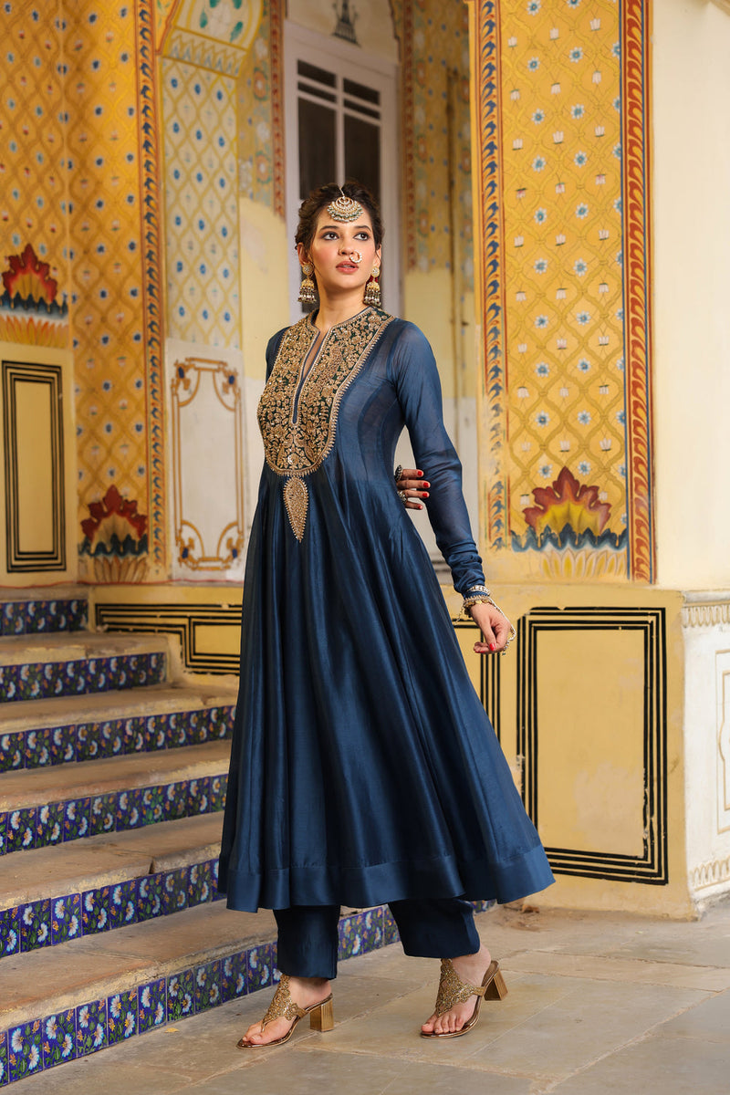 Ahista Blue Kalidaar Set silk chanderi kurta/kurta set by Niti Bothra in blue for women in Singapore