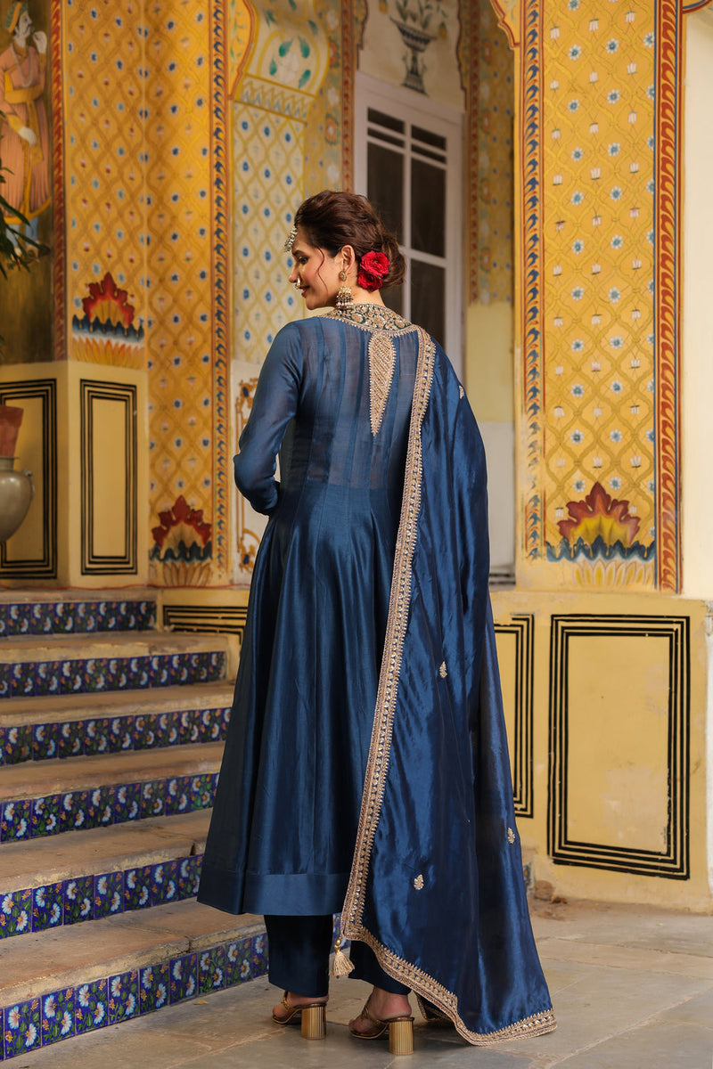 Ahista Blue Kalidaar Set silk chanderi kurta/kurta set by Niti Bothra in blue for women in Singapore